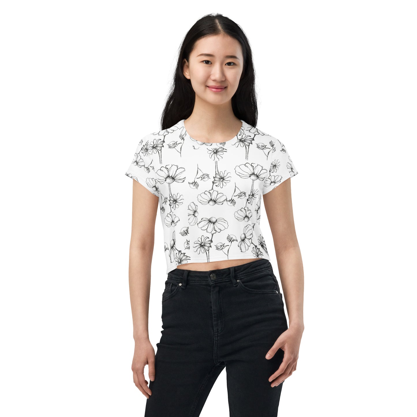 Black Wildflower All-Over Print Crop Tee