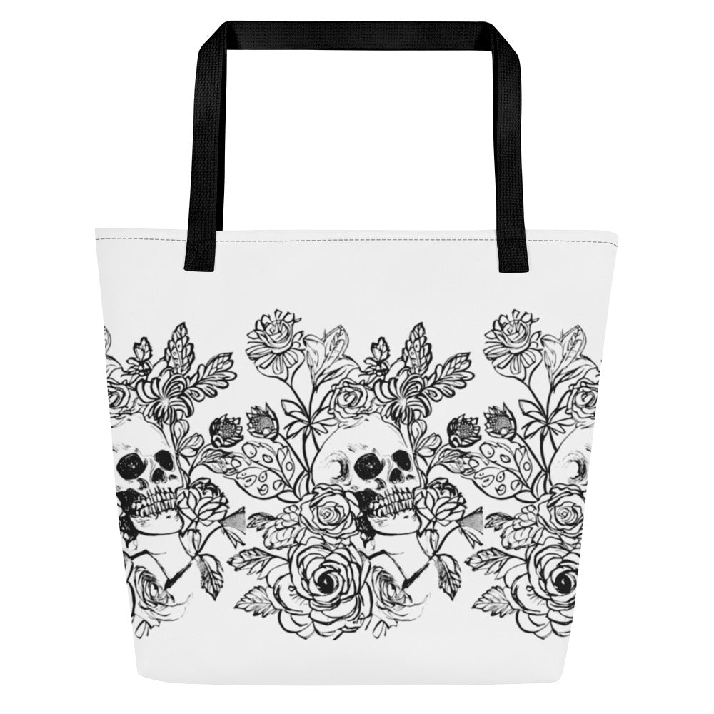 Skull and Flowers All-Over Print Large Tote Bag