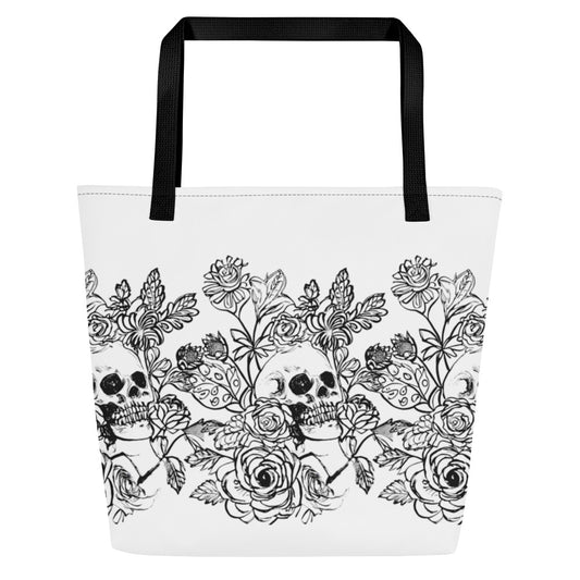 Skull and Flowers All-Over Print Large Tote Bag