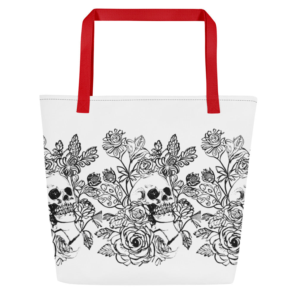 Skull and Flowers All-Over Print Large Tote Bag