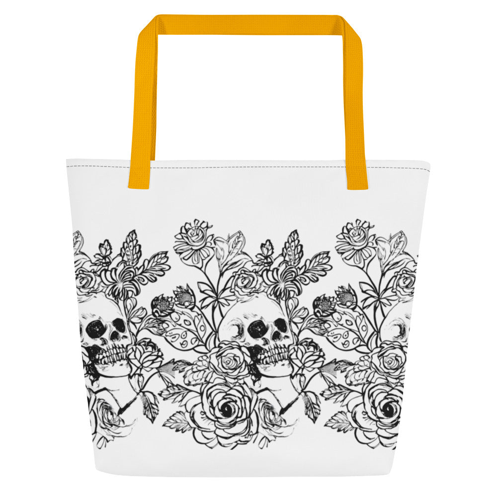 Skull and Flowers All-Over Print Large Tote Bag