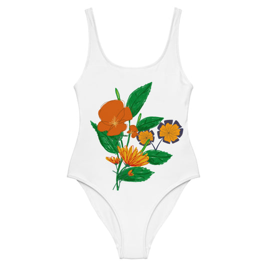 White Vibrant Flower One-Piece Swimsuit