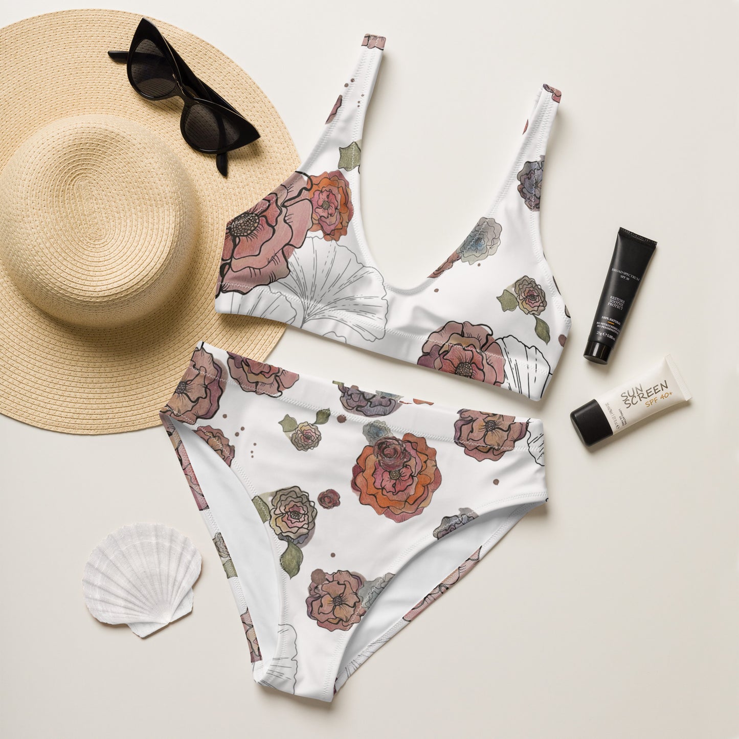 Colorful Watercolor Flower Recycled high-waisted bikini