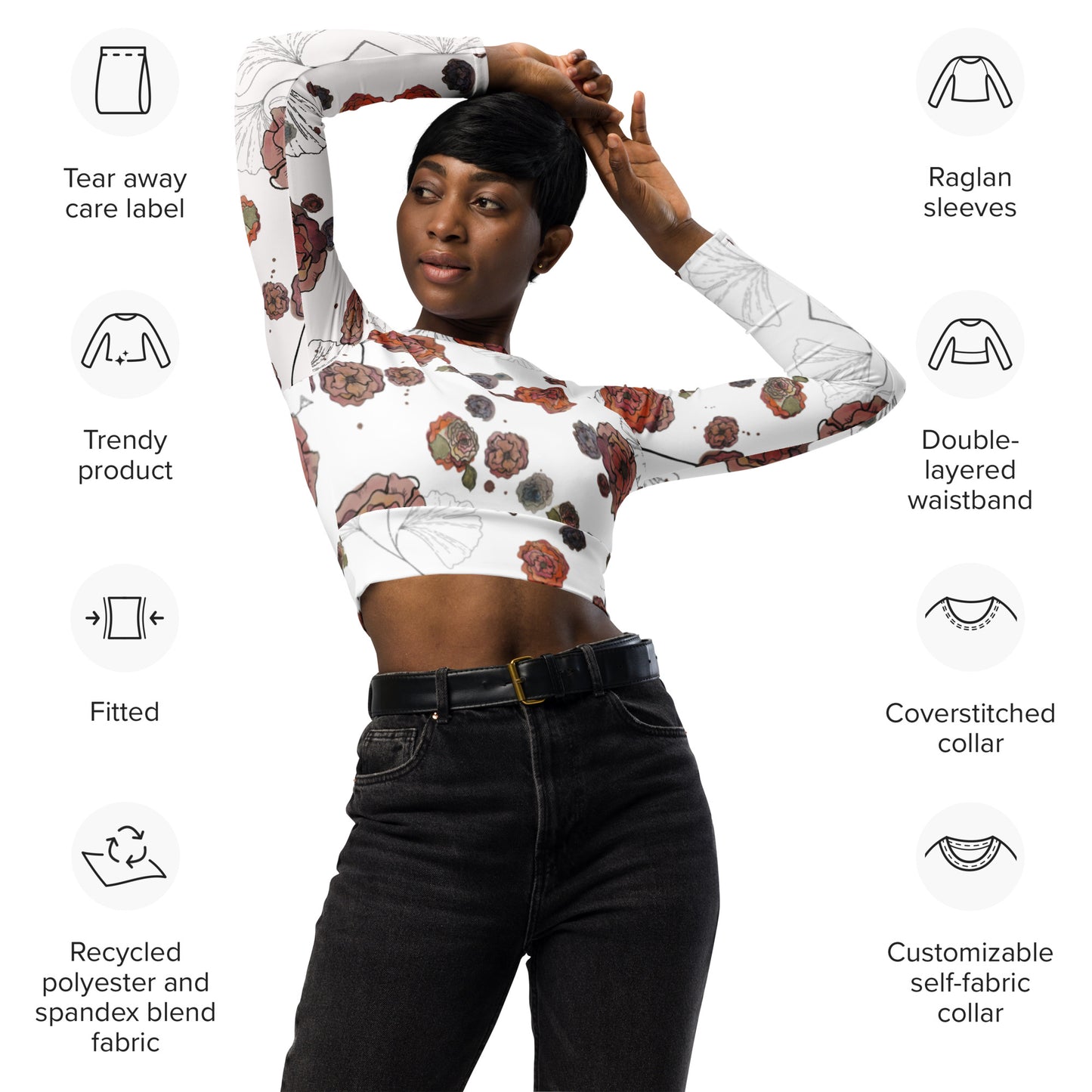 Colorful Watercolor Flower Recycled long-sleeve crop top